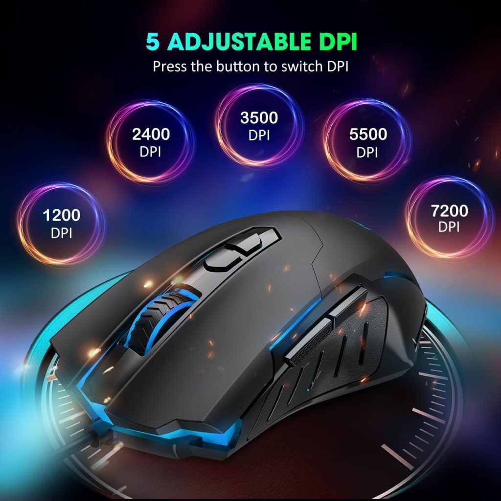Gaming Mouse Wired, Gaming Mice Breathing RGB LED Plug Play High-Precision Adjustable 7200 DPI, 7 Programmable Buttons, Ergonomic Mouse for PC Laptop